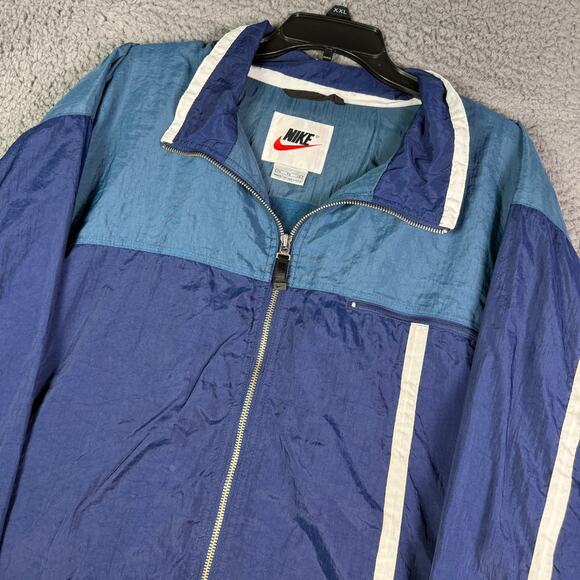 Vintage 90s Nike Windbreaker Track Jacket Mens XL Blue Color Block Nylon Lined - Picture 1 of 13